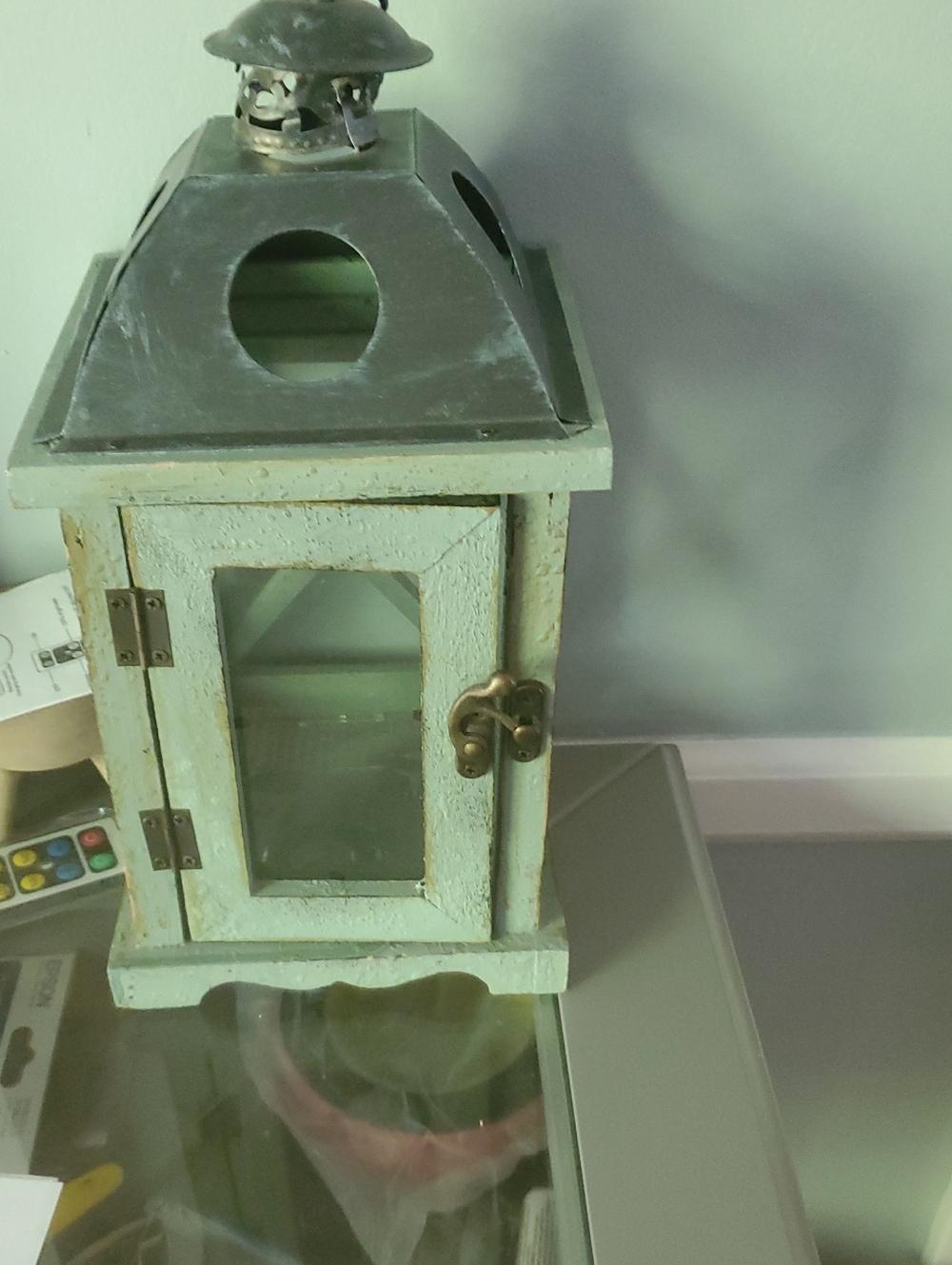 Rustic Mint Wooden Lantern with Metal Top